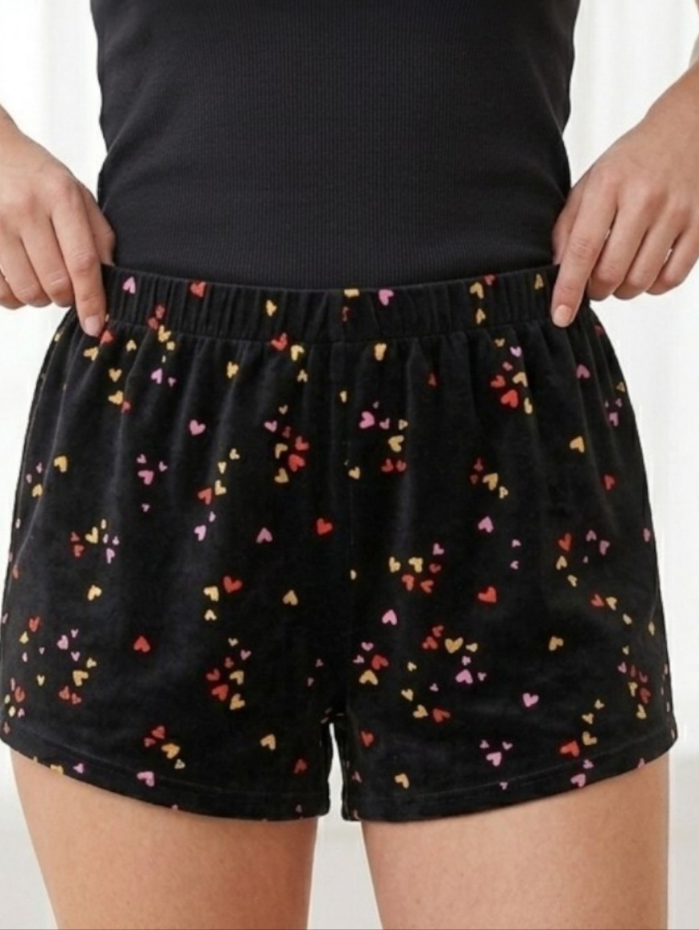 SO Medium Black and Pink Hearts Fleece Pajama Comfy Shorts